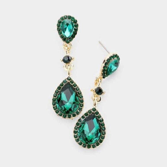 Miro Green Pear Crystal Rhinestone Drop Earrings - Picture 3 of 3
